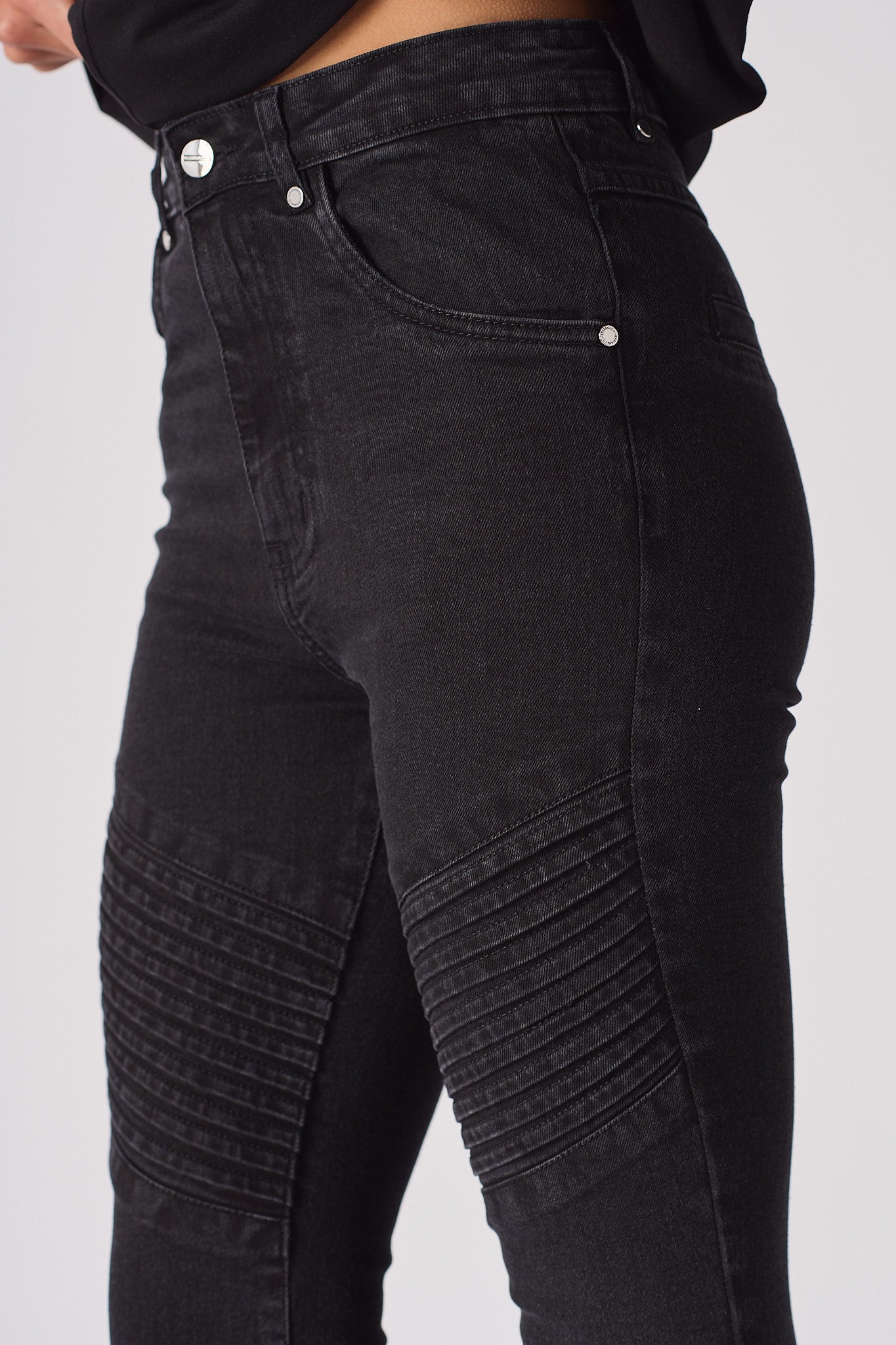 womens black skinny biker jeans high waist silver hardware and ribbed biker panel close up