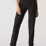 Close front view showing the seam details of Women's Black Straight Jeans with Popper Sides