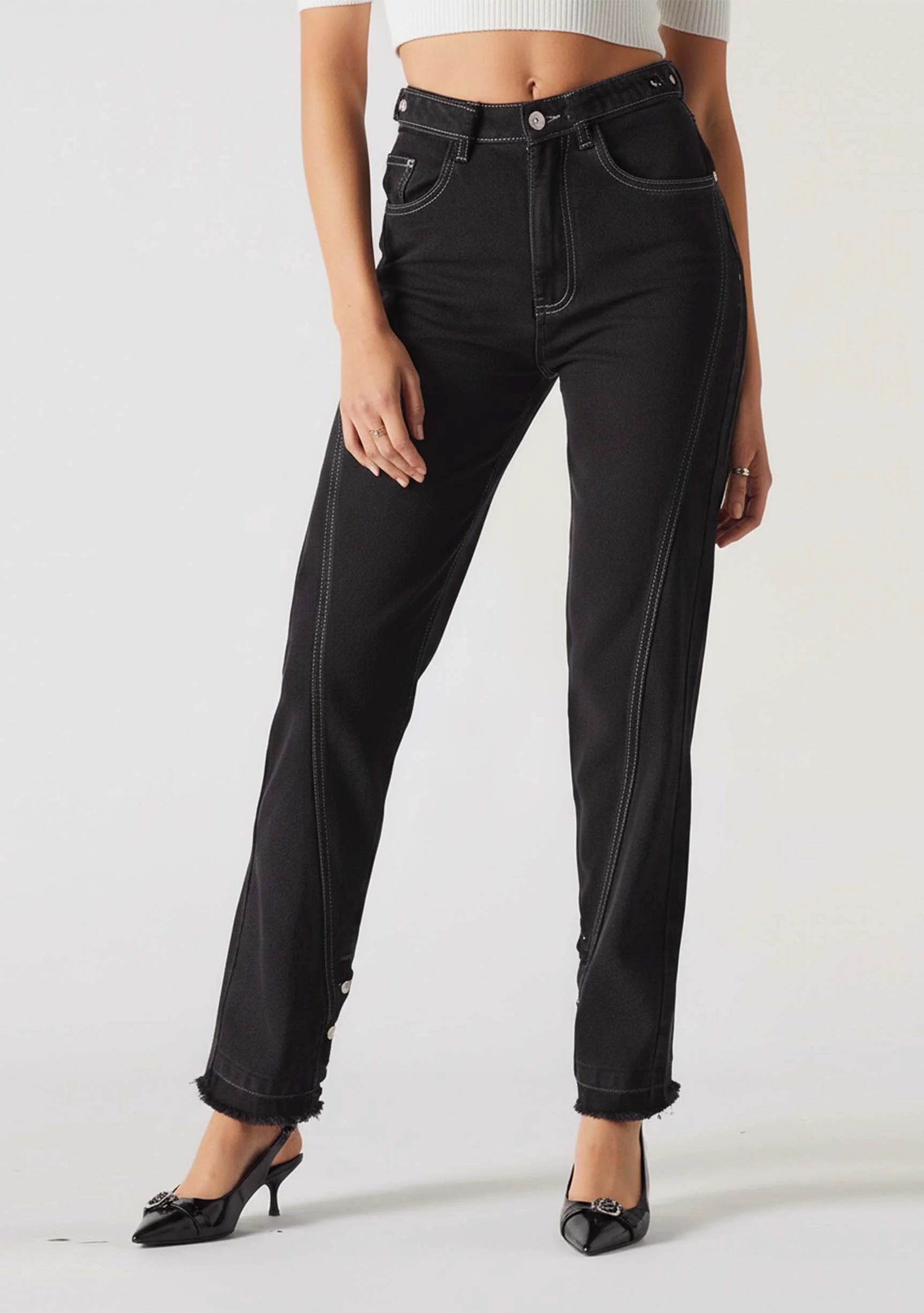 Close front view showing the seam details of Women's Black Straight Jeans with Popper Sides
