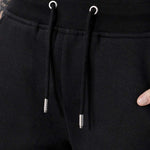 womens black sweat shorts drawstring and silver aglet detail