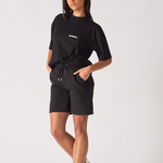 womens black sweat shorts full length front view