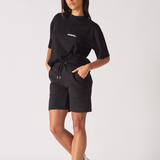 womens black sweat shorts full length front view