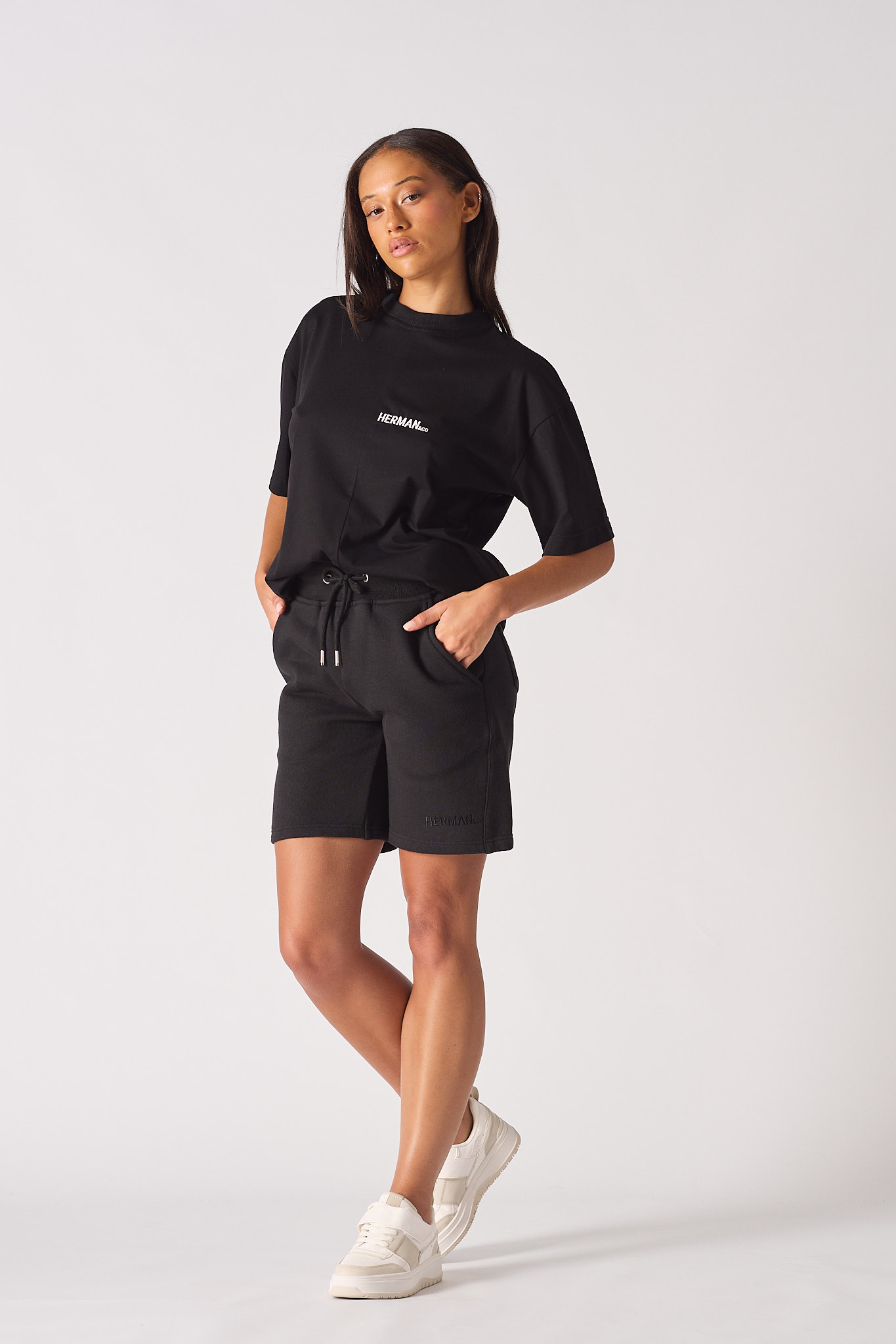 womens black sweat shorts full length front view