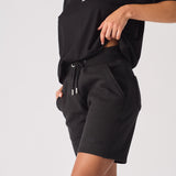 womens black relaxed sweat shorts side view