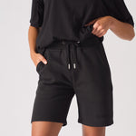 womens black shorts ribbed waistband front closeup