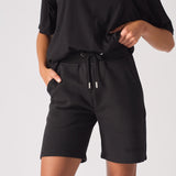 womens black shorts ribbed waistband front closeup