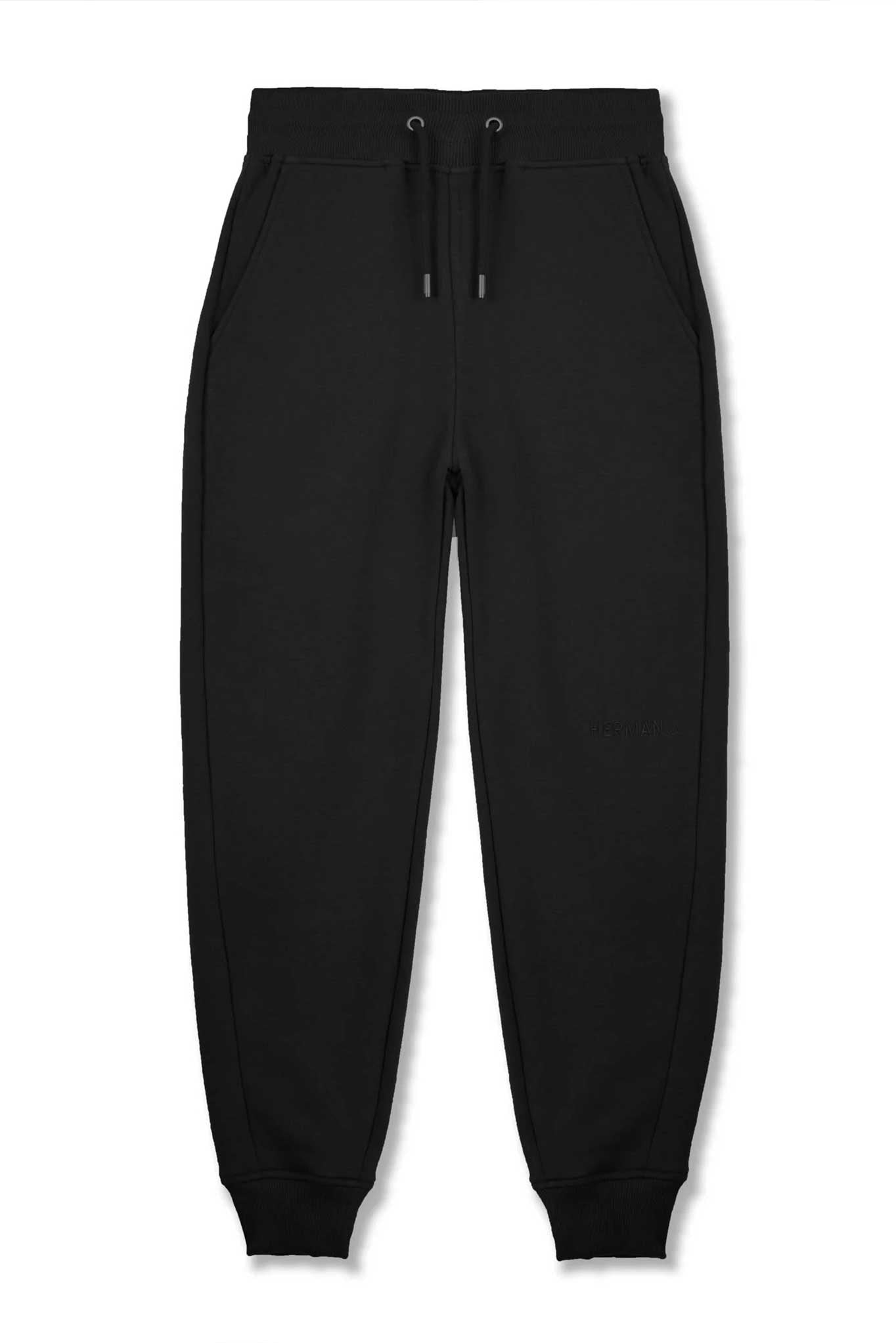 Front view of the women's black tapered joggers laid flat