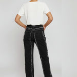 Back view of Womens Black Wash jeans featuring frayed seam and patch pockets