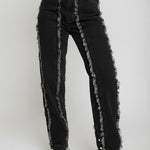 Side profile view of Womens Black Wash straight leg jeans