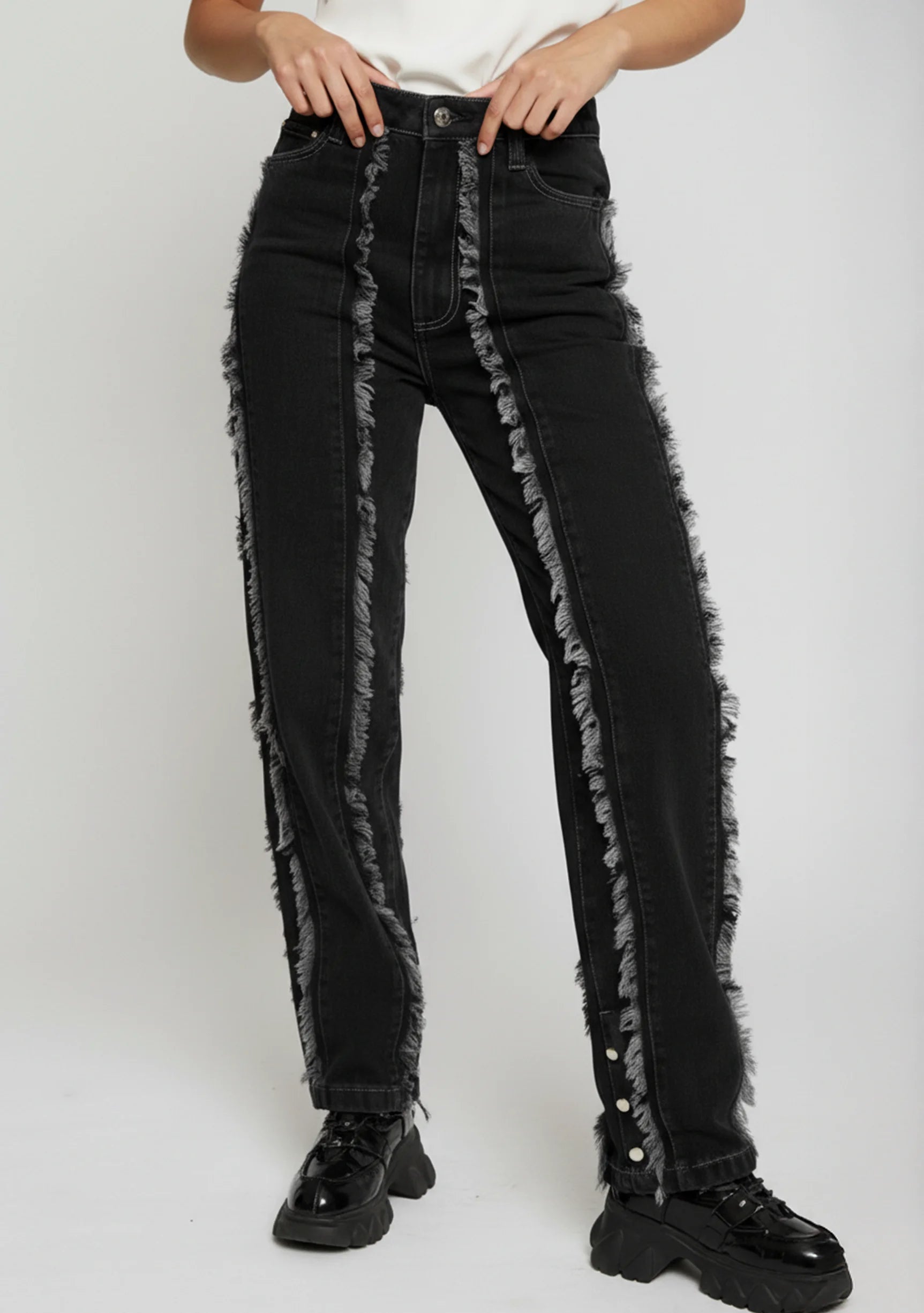 Side profile view of Womens Black Wash straight leg jeans