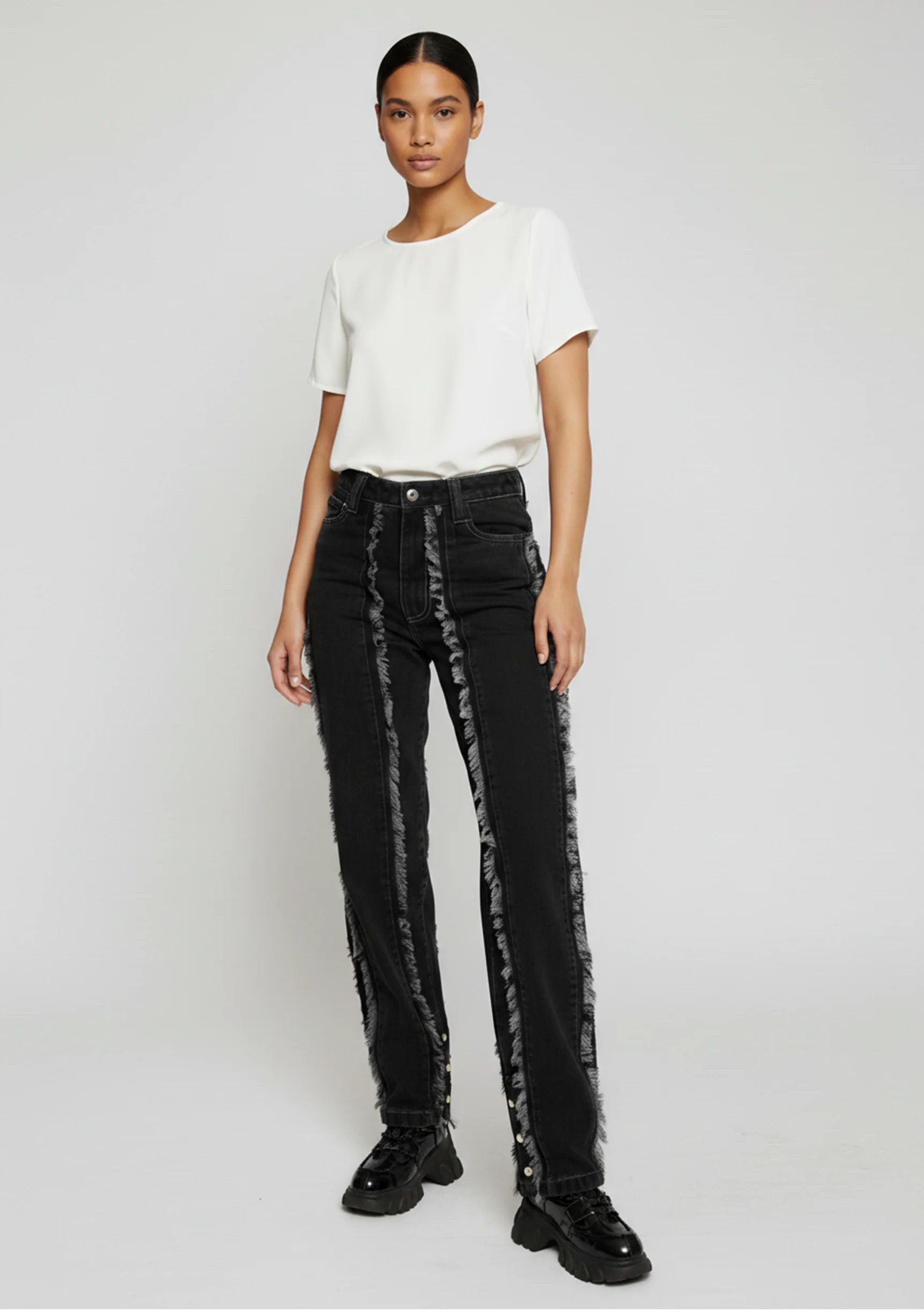 Womens Black Wash jeans straight leg fit front pose