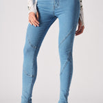 Front view of the women's blue high-waisted skinny jeans with contrast stitch detail.