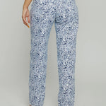 Back pockets and vegan leather patch on Womens Blue Marble jeans