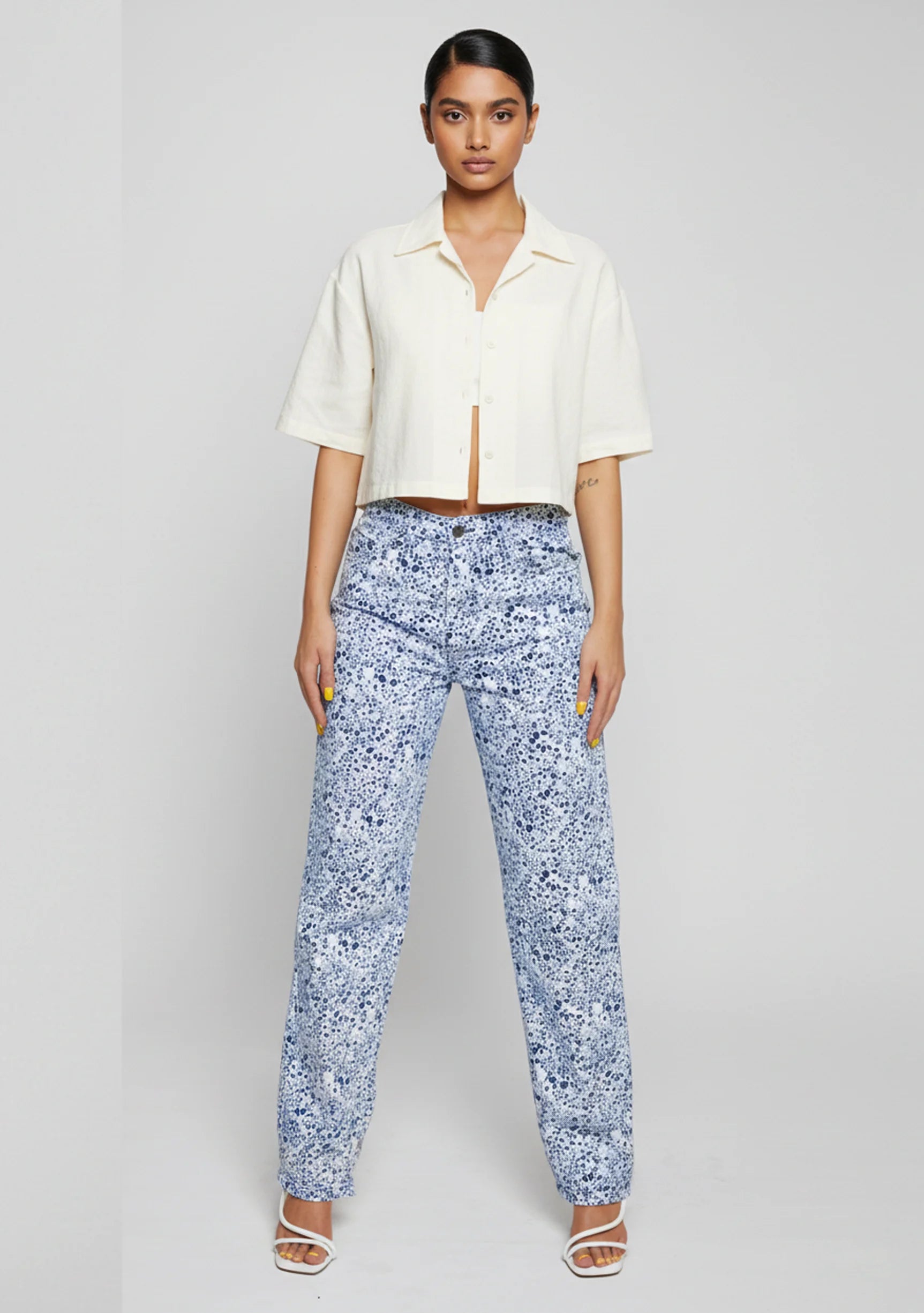 Womens Blue Marble straight leg jeans front view