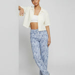 Womens Blue Marble printed straight leg jeans lifestyle view