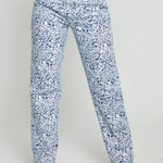 Silver popper hem detail on Womens Blue Marble jeans