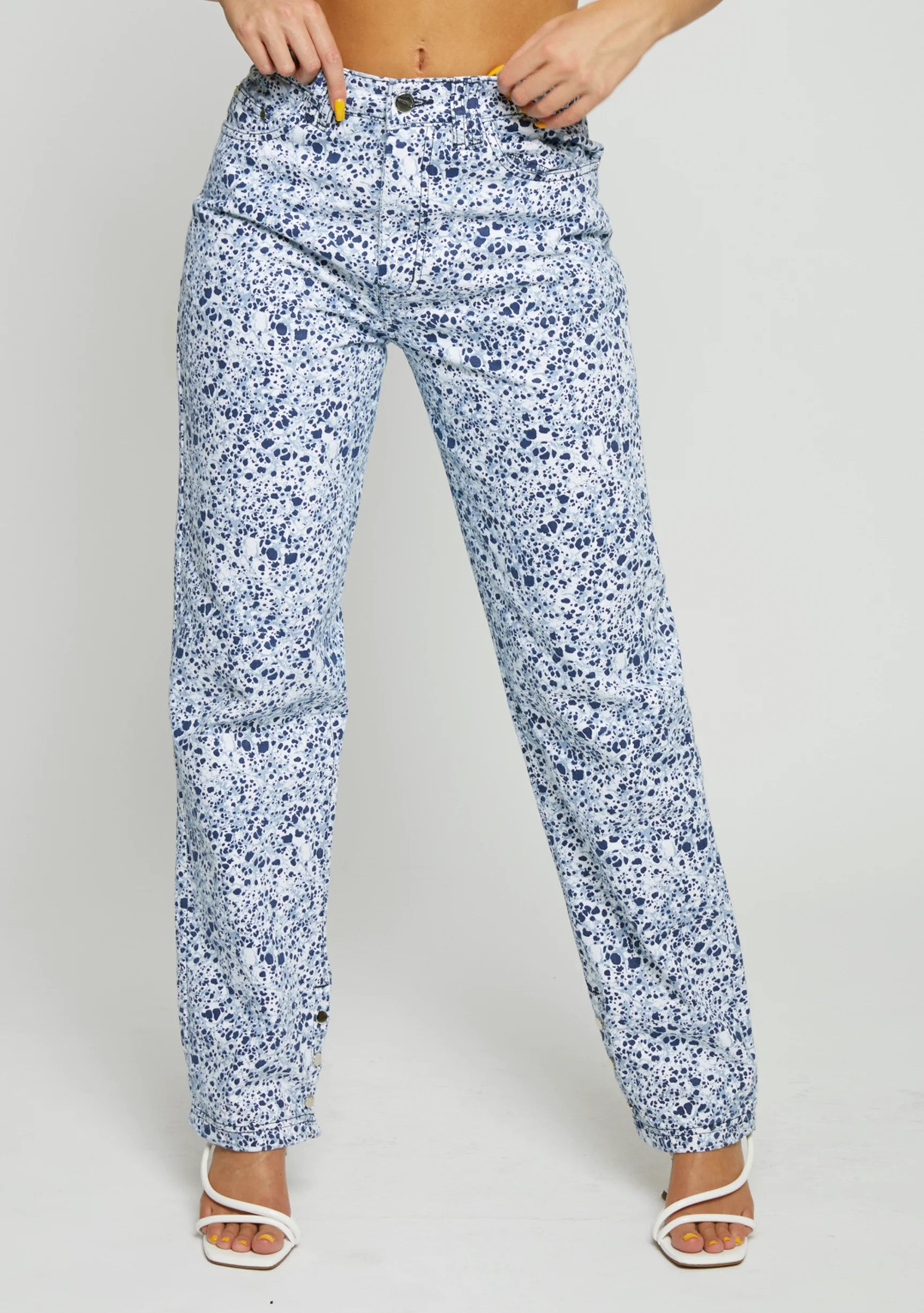 Silver popper hem detail on Womens Blue Marble jeans