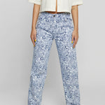 High waist detail on Womens Blue Marble straight leg jeans