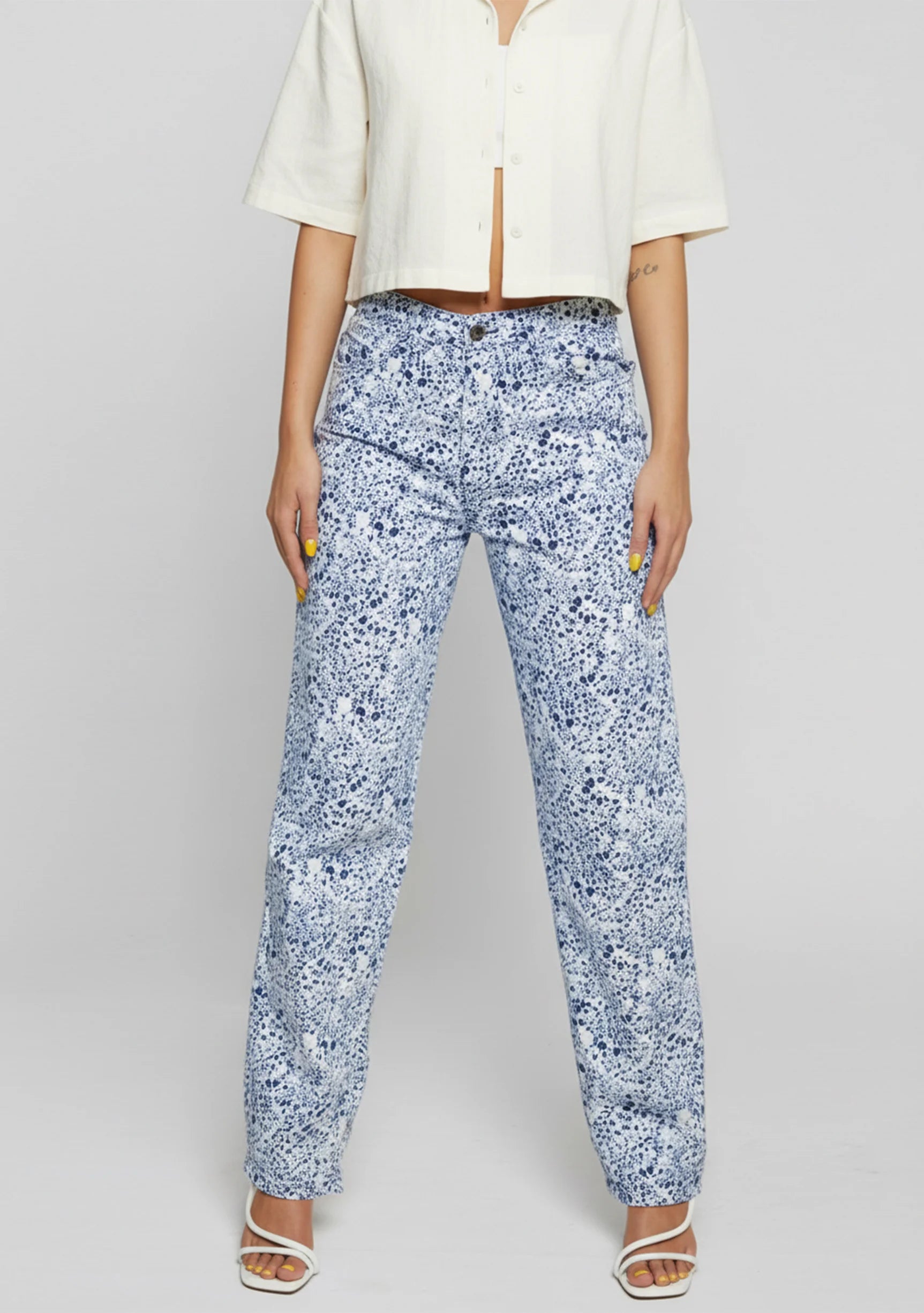 High waist detail on Womens Blue Marble straight leg jeans