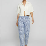 Model wearing Womens Blue Marble straight leg jeans
