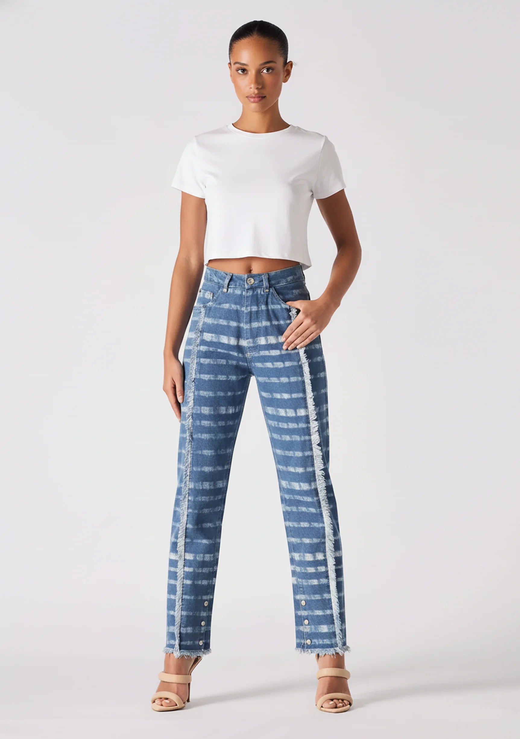 Front view of a model in Women's Blue White Mist Raw Edge Straight Jeans