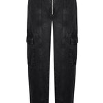 Front view of the women's cargo zip front jeans laid flat.