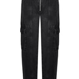 Front view of the women's cargo zip front jeans laid flat.