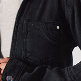 womens cropped denim jacket black wash snap button cuff close up