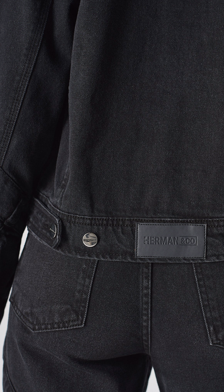 womens cropped denim jacket black wash herman and co label detail