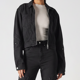 womens cropped zip front denim jacket black wash front full body view