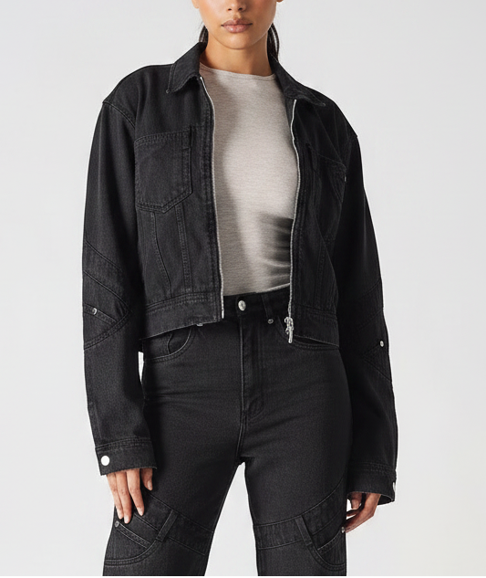womens cropped zip front denim jacket black wash front full body view