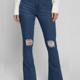 Womens dark blue distressed flare jeans knee rip details