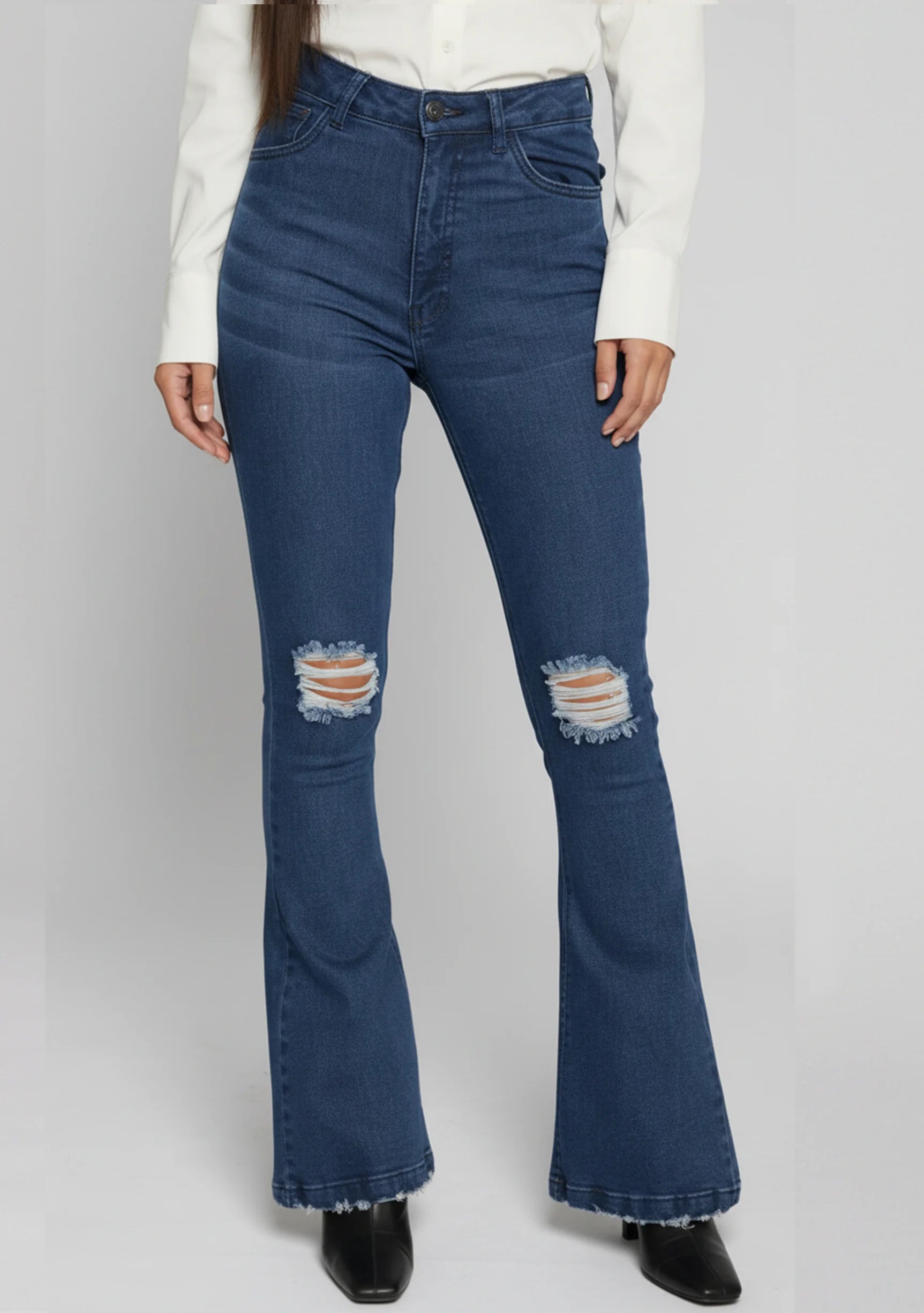 Womens dark blue distressed flare jeans knee rip details