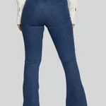 Womens dark blue flare jeans back pocket detail close up