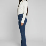 Womens dark blue flare jeans side profile fit
