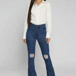 Womens dark blue high waist flare jeans with ripped knees