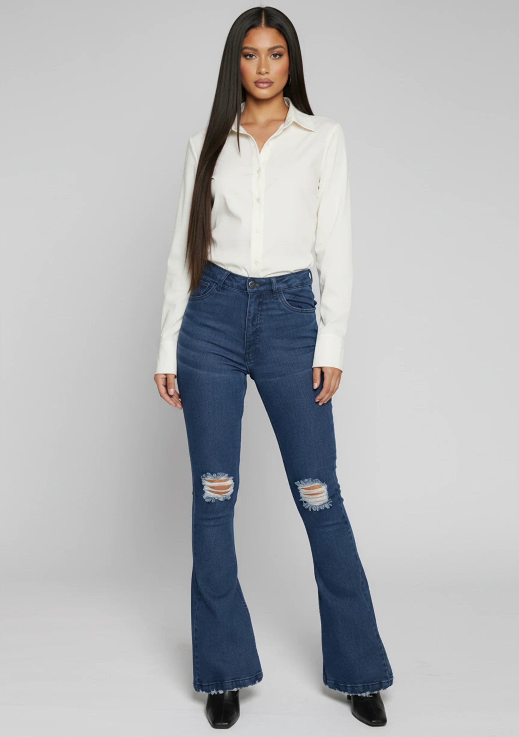 Womens dark blue high waist flare jeans with ripped knees