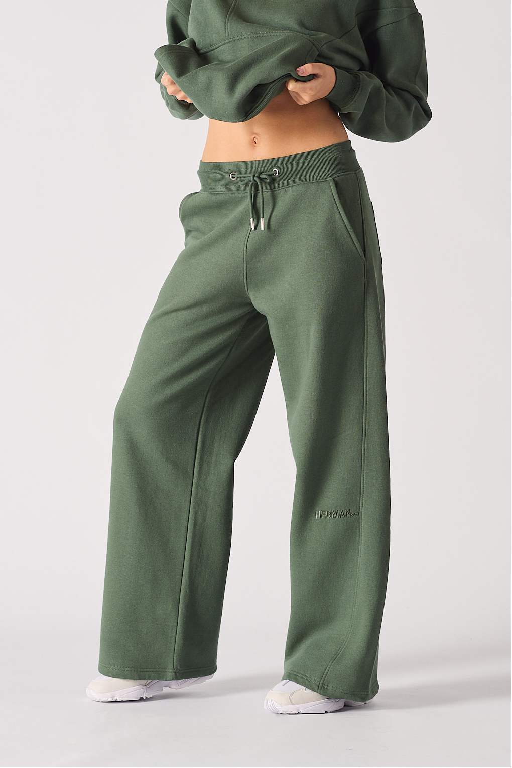 Womens dark green wide leg joggers with hoodie
