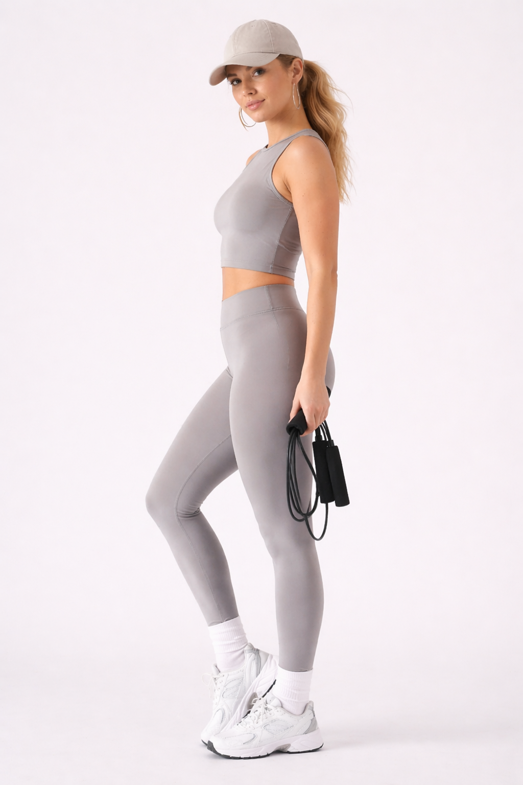 A woman wearing womens-grey-high-waist-leggings side view showing the deep waistband and full length fit, holding a skipping rope