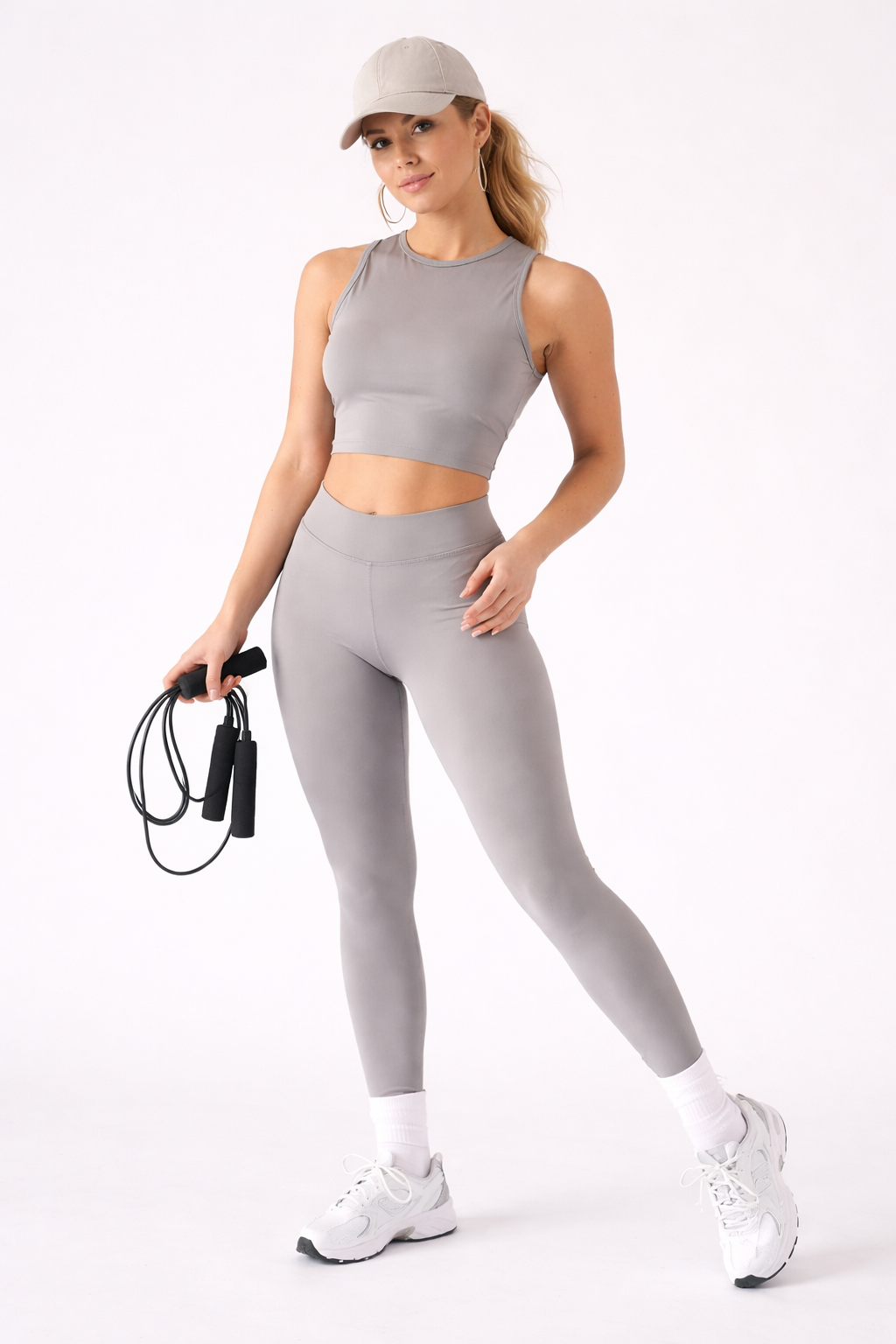 A woman wearing womens-grey-high-waist-butt-lifting-leggings holding a skipping rope, front view styled with a matching grey crop top and cream cap