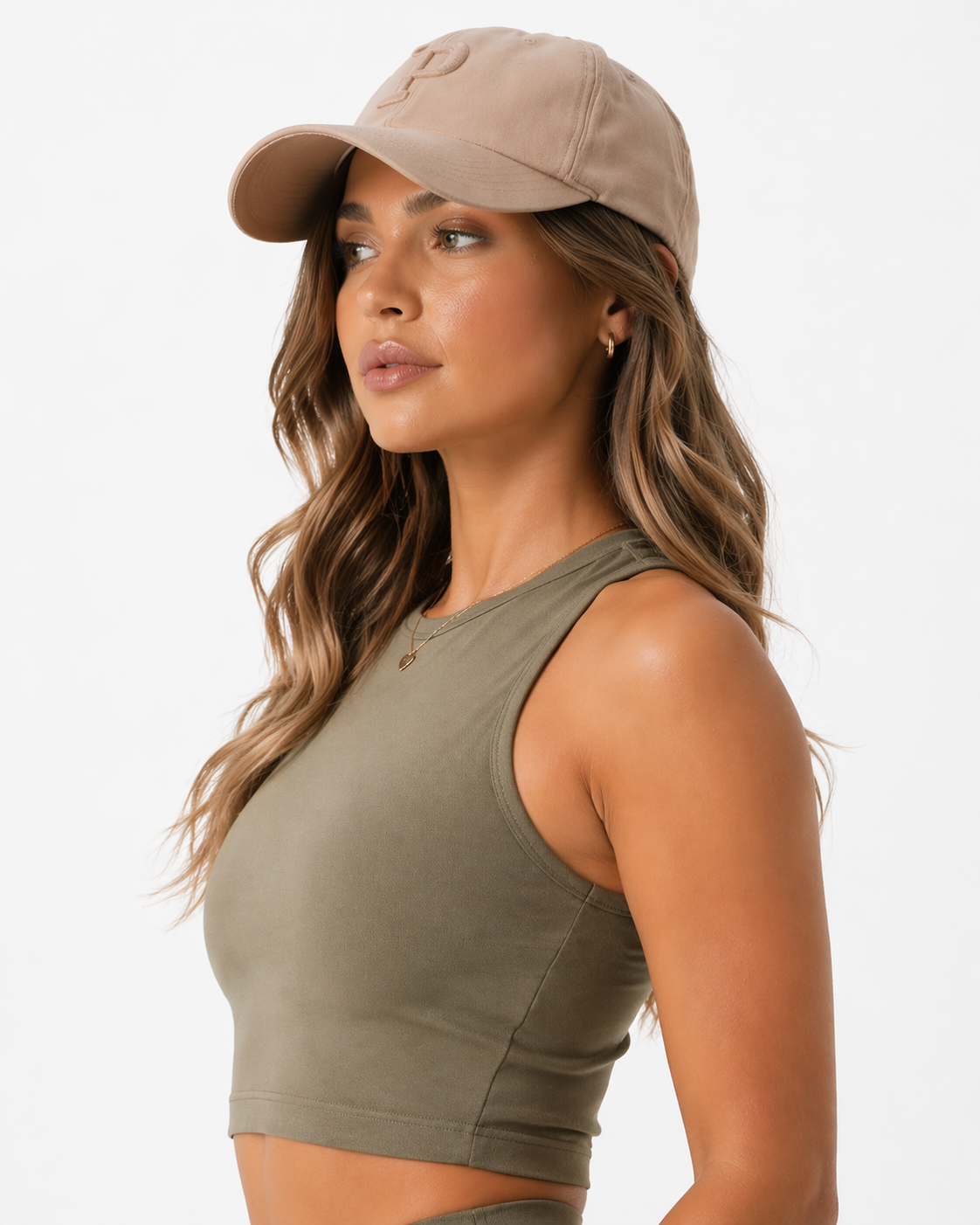 Side view of a woman in a Women's Khaki Sleeveless Racer Neck Crop Top