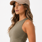 Side view of a woman in a Women's Khaki Sleeveless Racer Neck Crop Top