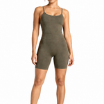 A woman wearing womens-khaki-strappy-tummy-control-unitard full length front view showing the complete fit from neckline to hem