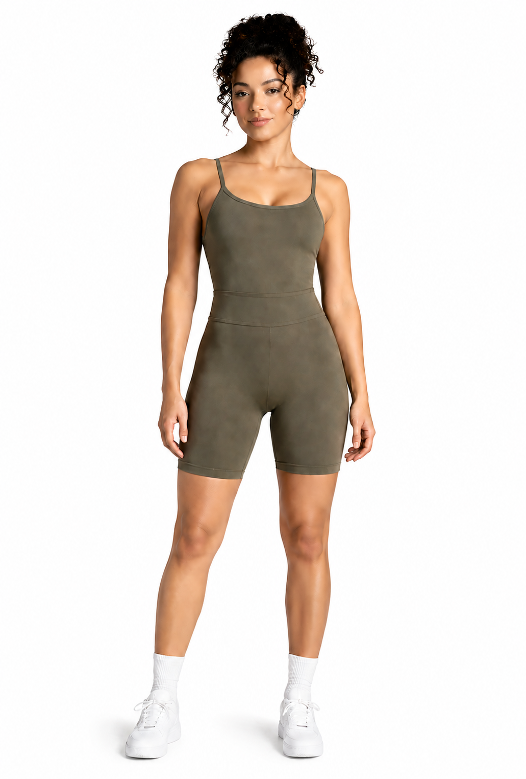 A woman wearing womens-khaki-strappy-tummy-control-unitard full length front view showing the complete fit from neckline to hem