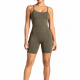 A woman wearing womens-khaki-strappy-tummy-control-unitard full length front view showing the complete fit from neckline to hem