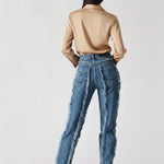 Back view of Womens Mid Blue Wash straight leg frayed jeans