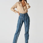 Front view of Womens Mid Blue Wash jeans with frayed seam detail