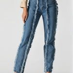 Pocket styling of Womens Mid Blue Wash frayed seam jeans