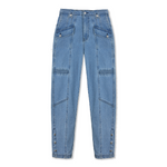 Front view of the women's mid-wash cargo denim jean laid flat.