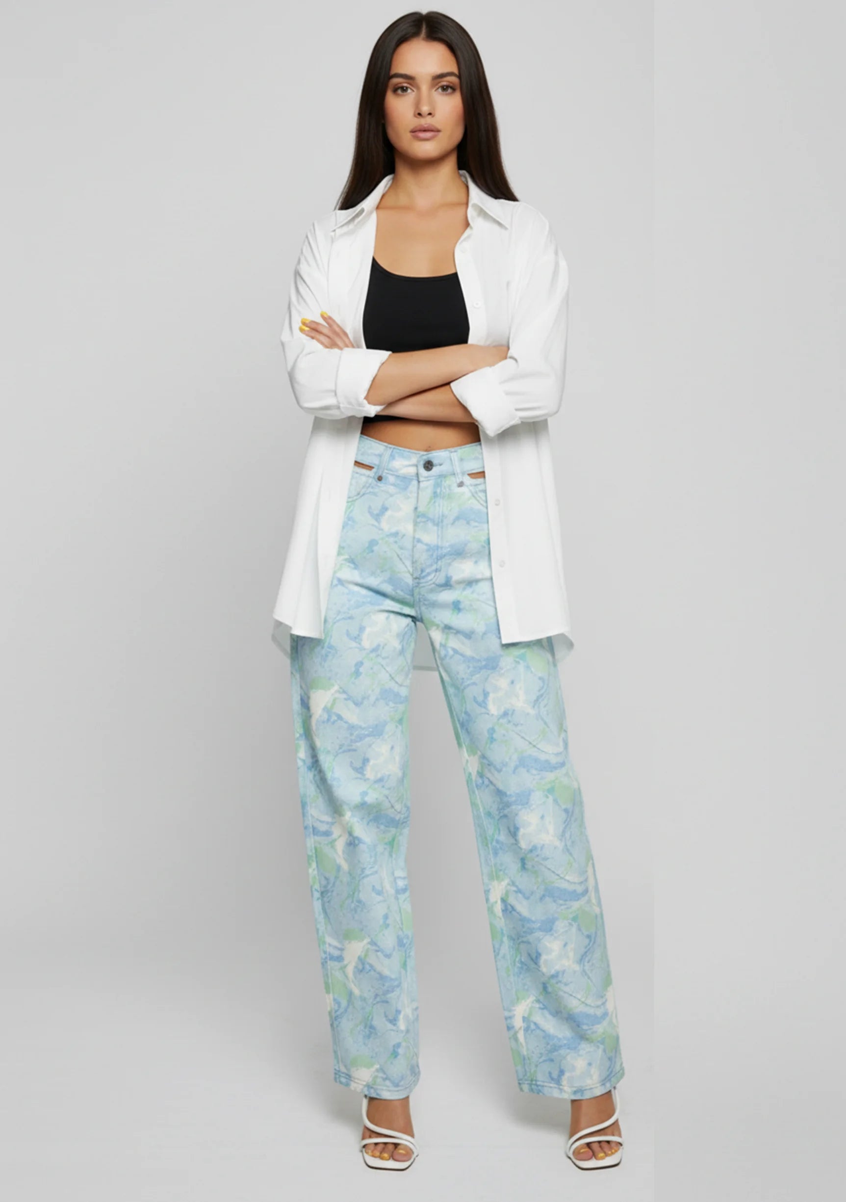 Womens Psychedelic Marble jeans full body shot with arms crossed